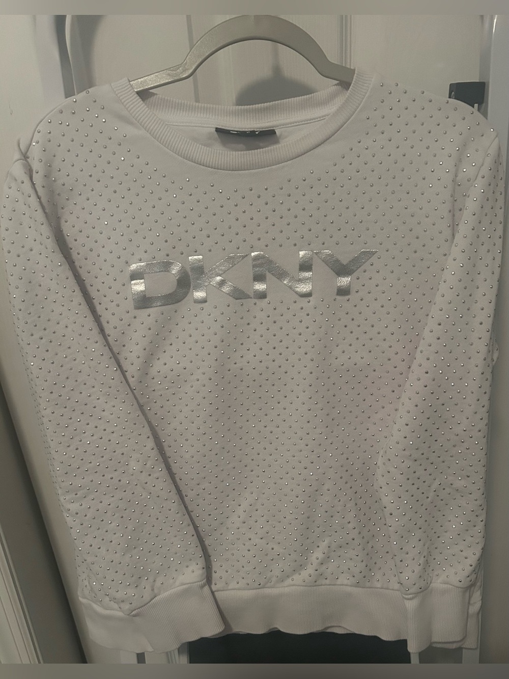 DKNY White Sweatshirt with Silver Logo and Rhinestones